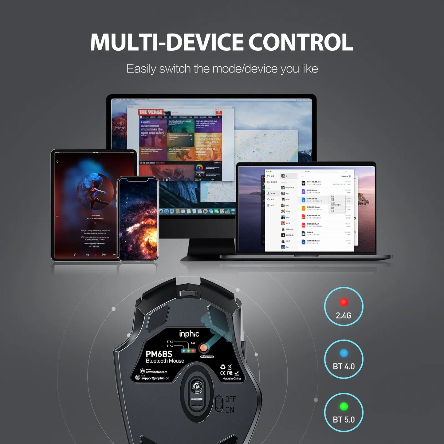 Rechargeable Multi-Device Wireless Bluetooth Mouse
