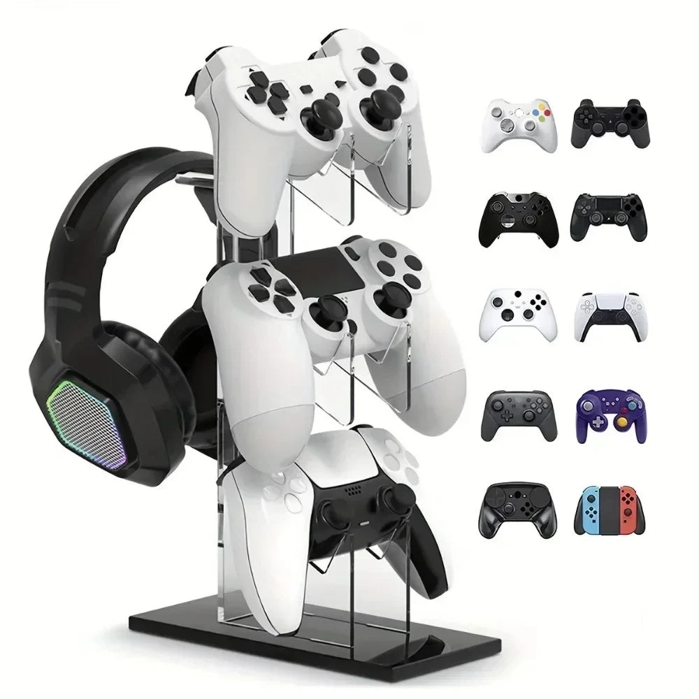 Voltek Tower Stand holding three controllers and a gaming headset
