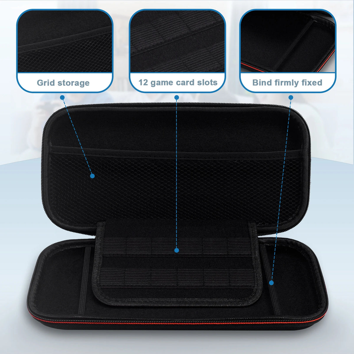 Inside the hard case – mesh pocket, 12 game card slots and elastic strap