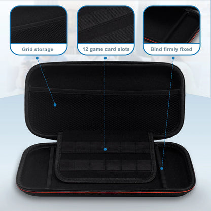Inside the hard case – mesh pocket, 12 game card slots and elastic strap