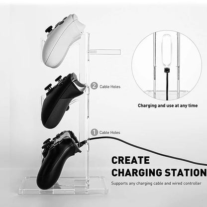 Cable holes let you charge controllers while they sit on the stand