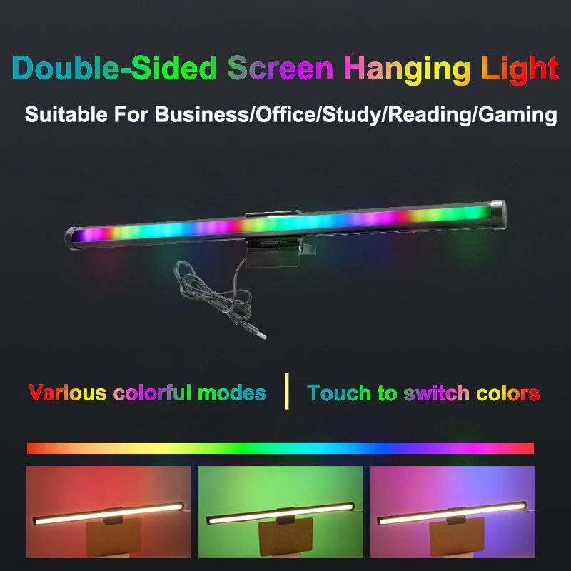 Double-sided light: white front beam plus RGB rear strip, touch to switch colors