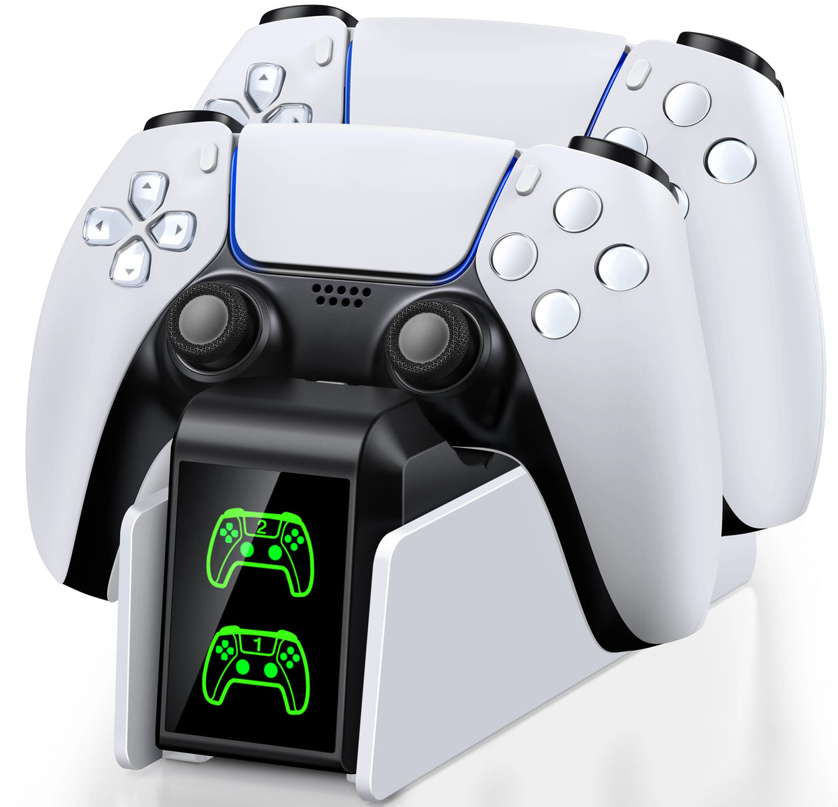Voltek Dual Dock charging two PS5 DualSense controllers, white base with black front panel and green controller display