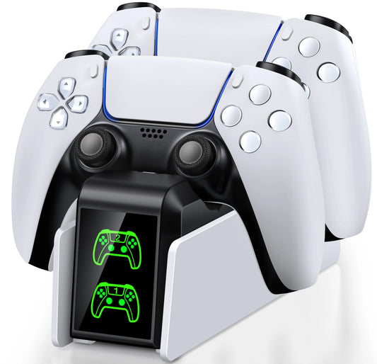 Voltek Dual Dock charging two PS5 DualSense controllers, white base with black front panel and green controller display